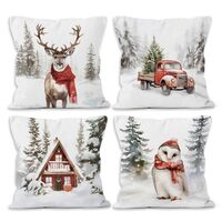 MONALET Winter Christmas Woodland Animals Throw Pillow Covers 18x18 Set of 4, Deer Reindeer Owl with