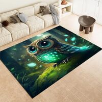 Anime Style Animal Owl Forest Area Rugs for Bedroom Living Room, 3x5 ft Green Washable Rug Non Slip 