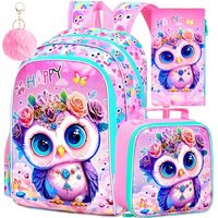 FTJCF 16" Backpack for Girls, 3Pcs Kids Bookbag with Lunch Box，Owl School Backpacks for Eleme