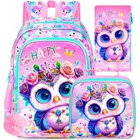 ZLYERT 16" Backpack for Girls, 3Pcs Owl Kids Bookbag for Elementary Preschool Kindergarten, Sch