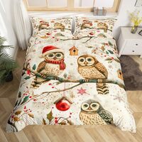 Owl Birds Animal Duvet Cover Set King Size Xmas Berry Leaves Botanical Comforter Cover Cute Wildife 