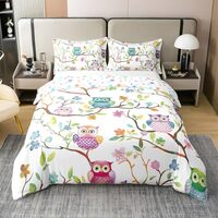 Feelyou Cute Owl Duvet Cover 100% Cotton Twin Size Animal Owl Floral Bedding Set for Teens Boys Girl