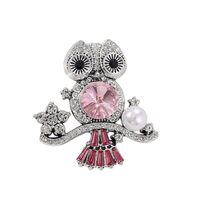 Halo Rhinestone Owl Bird Brooch Pin for Women Student Teacher Silvery Fashion Cute Round Birthstone 