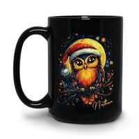 Vibrant Festive Owl Cup With Personalized Name, Animal Black Mug For Kids, Customized Christmas Owl 