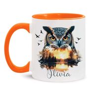 Owl And Nature Themed Coffee Mug, Custom Choose Name Owl Ow Ceramic Cup, Gift For Owl Nature Enthusi