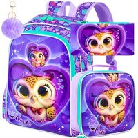 TXHVO 16" Girls Backpack, 3Pcs Owl School Bookbag with Lunch Box, Kids Backpacks for Elementary