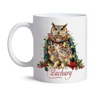 Customized Christmas Owl Mug, Custom Name Owl Coffee Cup With Holiday Decorations, Personalized Anim