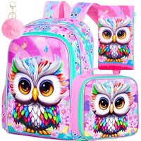 TXHVO 3Pcs Backpack for Girls, 16" Kids Bookbag with Lunch Box, Owl School Backpacks Set for El