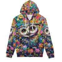 PinUp Angel Floral Owl Print Zip Up Hoodies Men Casual Long Sleeve Sweatshirt Cute Animal Oil Painti