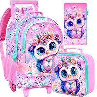 FTJCF 3Pcs Rolling Backpack for Girls, Kids Roller School Backpack with Wheels, Owl Wheeled Bookbag 