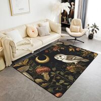 Erosebridal Owl Area Rug 5X7, Red Mushroom Crescent Moon Carpet, Branch Bush Leaves Non Slip Decorat