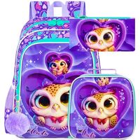 3PCS Girls Owl Bookbag, Water Resistant Kids Backpack Set with Lunch Box, Cute School Bag for Presch