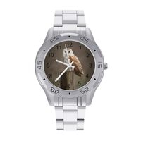 Barn Owl Perches on A Fence Watches for Men Stainless Steel Band Watch Round Printed Dial Easy Reade