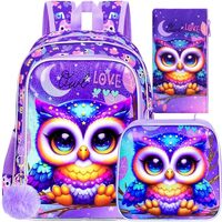 CCJPX 3PCS Kids Backpack for Girls, 16”Owl Preschool Bookbag with Lunch Box, Cute Water Resist