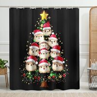 Cute Christmas Owl Shower Curtain, Black Holiday Decor with Santa Hat Owls, Festive Bathroom Accesso