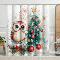 Christmas Owl Shower Curtain, Watercolor Red Green Holiday Decor for Bathroom, Festive Winter Modern