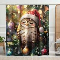 Christmas Owl Shower Curtain, Cute Holiday Decor Featuring Festive Owl Design with Santa Hat, Vibran