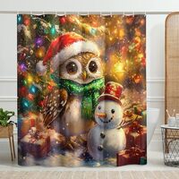 Christmas Owl Shower Curtain, Colorful Winter Holiday Decor with Cute Owl and Snowman, Festive Water