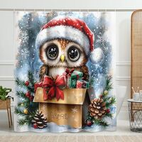 Cute Owl Shower Curtain, Winter Christmas Holiday Decor, Adorable Brown Owl with Santa Hat and Prese