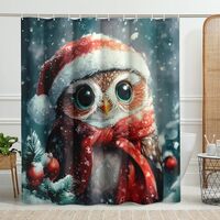 Cute Owl Shower Curtain, Adorable Winter Holiday Bathroom Decor with Santa Hat and Red Scarf, Modern