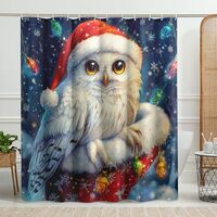 Owl Shower Curtain, Christmas Holiday Winter Decor with Cute Snowy Owl in Santa Hat, Colorful Lights