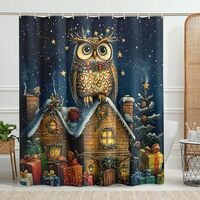 Owl Shower Curtain, Festive Winter Holiday Decor with Cute Owl, Colorful Waterproof Fabric Shower Cu