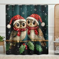 Cute Owl Shower Curtain, Christmas Holiday Decor Featuring Adorable Snowy Owls with Santa Hats, Dark