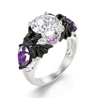 Jeulia Gothic Skull Diamond Rings:Sterling Silver Art Deco Owl/Bat Ring Two Tone Black Skeleton Ring