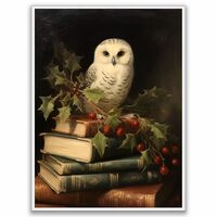 White Owl on Books Dark Academia Wall Art, Vintage Christmas Painting, Cottagecore Holiday Decor, Bo