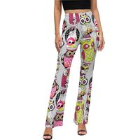 Flare Leggings for Women, Pink Green Owl Wide Leg Bell Bottom, Bootcut Yoga Pants with Tummy Control