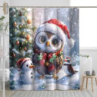 Christmas Owl Shower Curtain, Festive Winter Holiday Decor with Snowman and Bird, Colorful Waterproo