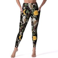 High Waisted Leggings for Women, Owl Moon Flowers Soft Yoga Pants Workout Leggings with Pockets Blac