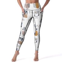 High Waisted Leggings for Women, Quirky Doodle Owl White Soft Yoga Pants Workout Leggings with Pocke