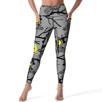 High Waisted Leggings for Women, Moon Owl - Gray Soft Yoga Pants Workout Leggings with Pockets