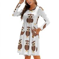Fall Dresses for Women 2024 - Simple Owl Print Long Sleeve Flowy Midi Casual Dresses for Women Black