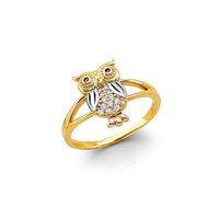 14k Tri Color Gold CZ Owl Ring - Size 7.5