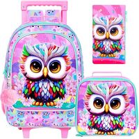 HPJGD 3PCS Owl Rolling Backpack for Girls, Kids School Backpacks with Wheels, Water Resistant UV Pri