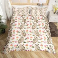 Manfei Cute Owl Bedding Set Country Rustic Flowers Bedding Duvet Cover Kids Teens Cartoon Wild Anima
