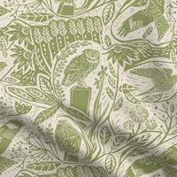 Spoonflower Fabric - Birds of Prey Green Beige Owl Falcon Eagle Linocut Botanical Printed on Petal C