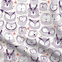 Spoonflower Fabric - Line Art Purple Stars Mystic Tawny Owl Horned Owls Nighttime Animals Printed on