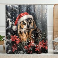 Owl Shower Curtain, Christmas Decor with Red and Green Poinsettias, Holiday Waterproof Fabric for Ba