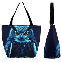 TKJMCSW Blue Owl Bag for Women Tote Bag with Zipper Handbag for Travel Work Grocery Bag Shopping Bag