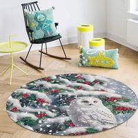Round Area Rug - 4ft Christmas Holly Cartoon White Owl Non Slip Washable Circle Carpet Soft Large Fl