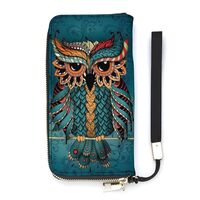 OPOZSDF Pu Leather Wristlet Wallet for Women, Ethnic Owl Compact Credit Card Holder Fashion Long Zip