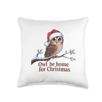 Owl Be Home for Christmas Cute Holiday Owl in a Santa Hat Throw Pillow