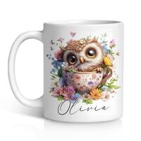 Personalized Owl And Flower Mug With Teacup Design, Gift For Women Girl, Animal Ceramic Cup, Custom 