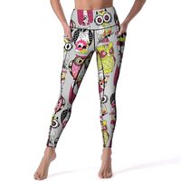 Pink Green Owl High Waisted Leggings for Women, Comfy Yoga Pants Workout Leggings with Pockets