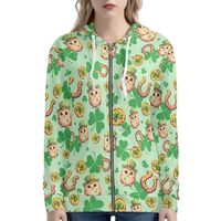 Irisjudy Happy St.Patrick Day Owl Womens Hooded Jacket Full Zip up Hoodies with Pocket, Clover Green