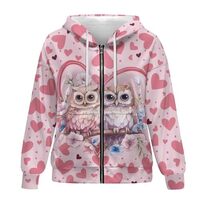 Showudesigns Cute Owl Zip Up Jackets for Women Hooded Sweatshirts Valentines Full Zip Hoodies XS Lig