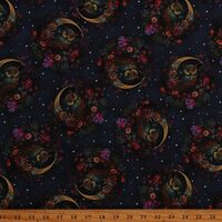 Cotton Night Garden Blank Quilting Owls Animals Birds Trees Night Sky Skies Stars Flowers Floral Blu